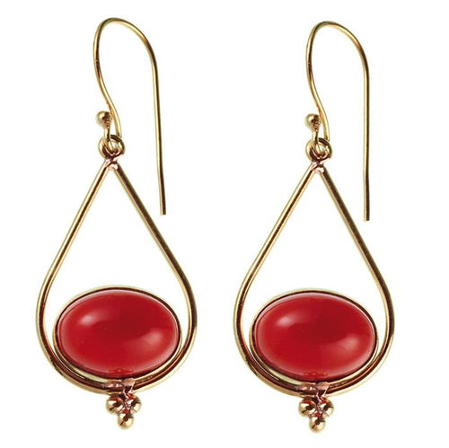 Ohrringe Chalzedon rot oval Tropfen Dreieck Punkte Messing antik golden Ohrhänger - chic - net.de