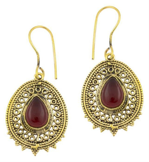 Ohrringe Granat Tropfen oval Zacken Kreise Messing antik golden Tribal - chic - net.de