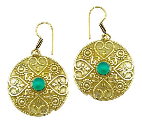 Ohrringe grüner Onyx Stein Herz Kreis Dreiecke Messing Ohrhänger nickelfrei antik golden Tribal - chic - net.de