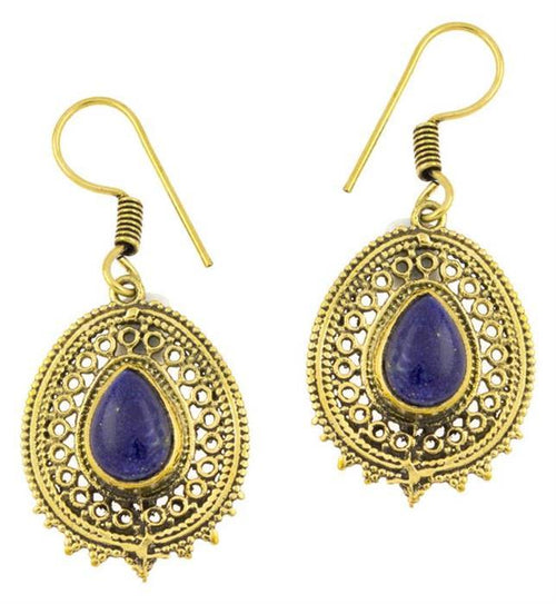 Ohrringe Lapis Tropfen oval Zacken Kreise Messing antik golden Tribal - chic - net.de
