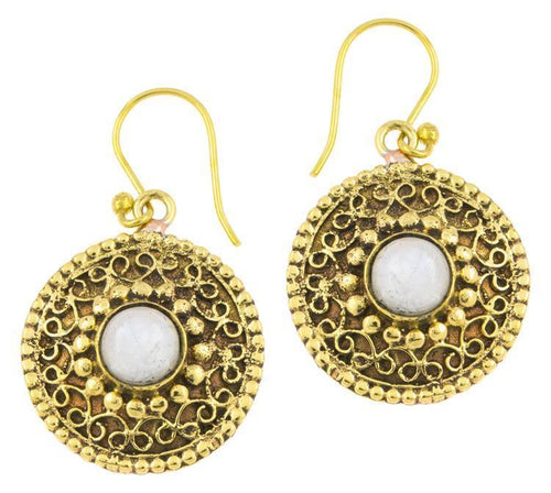 Ohrringe Mondstein Kreise rund Spiralbögen Messing antik golden Tribal 22 mm - chic - net.de