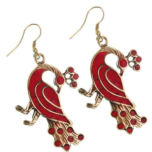 Ohrringe Pfau Mosaik Steine rot Messing antik golden nickelfrei Tribal Ohrhänger - chic - net.de
