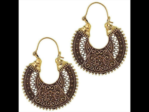 Ohrringe Sichel Blume oxidiert verziert Messing Brass antik golden nickelfrei Tribal Piercing - chic - net.de