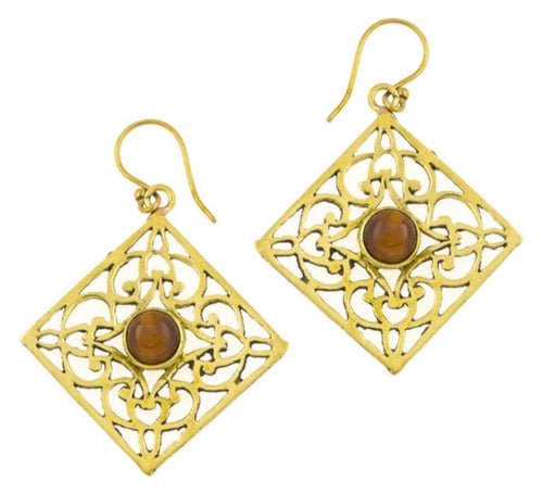 Ohrringe Tigerauge Karo Ornamente glänzend Messing antik golden Tribal 40 mm - chic - net.de