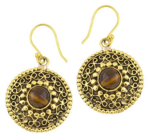 Ohrringe Tigerauge Kreise rund Spiralbögen Messing antik golden Tribal 22 mm - chic - net.de