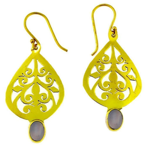 Ohrringe Träne Muster Mondstein oval Glanz Messing antik golden Tribal Ohrhänger nickelfrei Vintage - chic - net.de