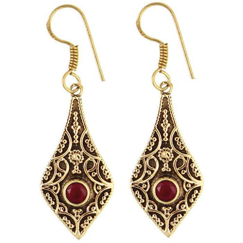 Ohrringe Tropfen spitz Bögen Rubin facettiert Messing antik golden nickelfrei Ohrhänger Tribal Brass - chic - net.de