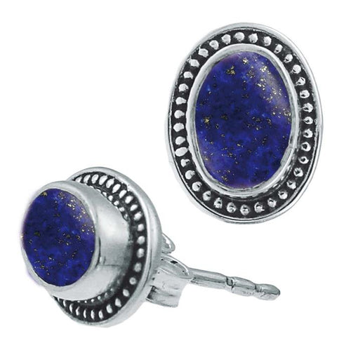 Ohrstecker blau Stein Lapis oval, silber Rand Zopfmuster Rand Ohrringe 925er Sterlingsilber - chic - net.de