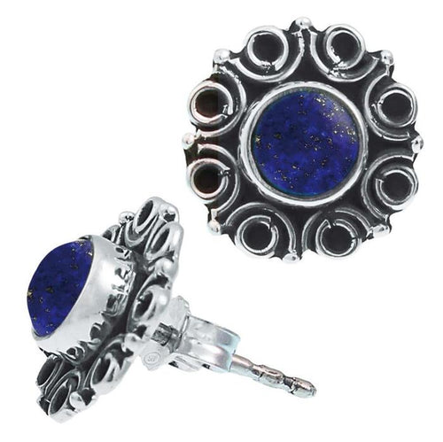 Ohrstecker blau Stein Lapis rund, silber Rand Blume Kreise Ohrringe 925er Sterlingsilber - chic - net.de