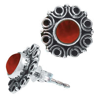 Load image into Gallery viewer, Ohrstecker orange Stein Karneol rund, silber Rand Blume Kreise Ohrringe 925er Sterlingsilber - chic - net.de
