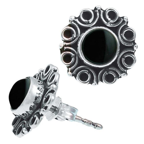 Ohrstecker schwarz Stein Onyx rund, silber Rand Blume Kreise Ohrringe 925er Sterlingsilber - chic - net.de
