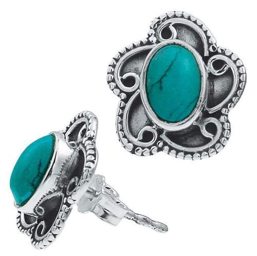 Ohrstecker Türkis oval, silber Rand Blume verschnörkelt Ohrringe 925er Sterlingsilber - chic - net.de
