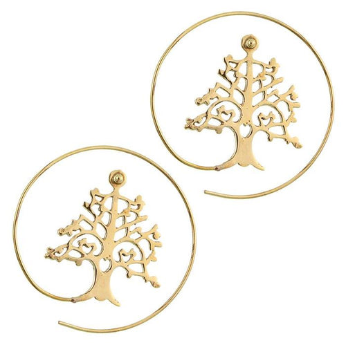 Spiralen Ohrringe antik golden Messing mit breit gestanztem Baum des Lebens - chic - net.de