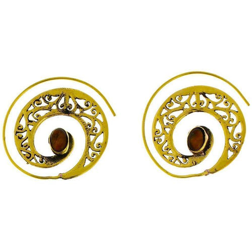Spiralen Ohrringe breit gestanzt Tigerauge oval Messing antik golden nickelfrei Piercing Tribal - chic - net.de