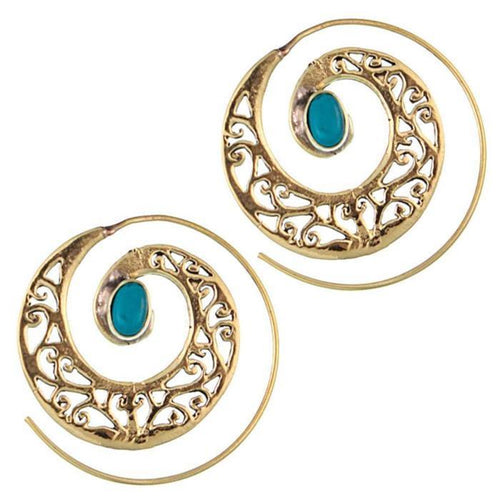 Spiralen Ohrringe breit gestanzt Türkis oval Messing antik golden nickelfrei Piercing Tribal - chic - net.de