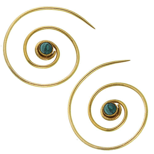 Spiralen Ohrringe dünn Malachit rund Messing Brass antik golden nickelfrei Piercing Tribal Schmuck - chic - net.de