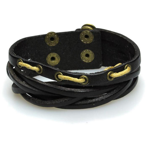 Surfer Lederarmband geflochten schwarz Brass Ringe Schnur hell verstellbar Leder breit nickelfrei - chic - net.de