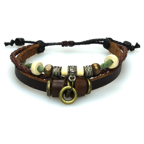 Surfer Lederarmband Ringe braun grün Band Brass geflochten verstellbar Holz Leder nickelfrei - chic - net.de