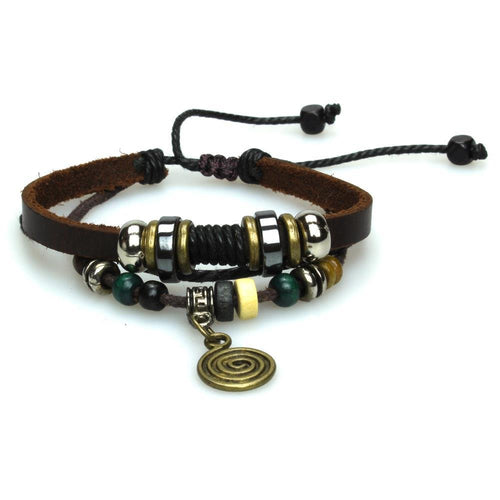 Surfer Lederarmband Spirale rund Schnur Band Brass Holz verstellbar Leder Perlen nickelfrei - chic - net.de