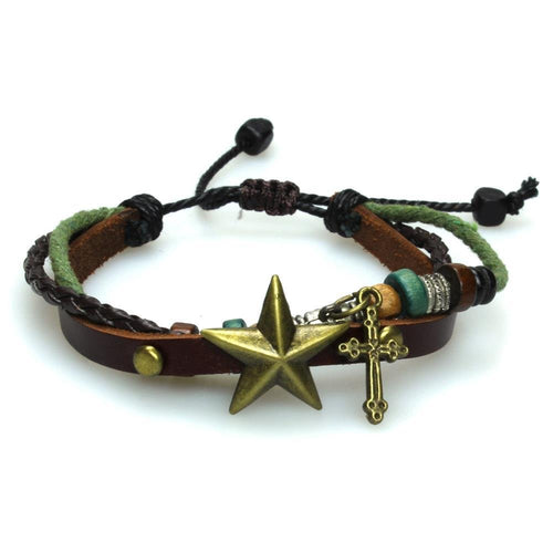 Surfer Lederarmband Stern Kreuz braun grün Band Brass Holz geflochten verstellbar Leder Perlen - chic - net.de