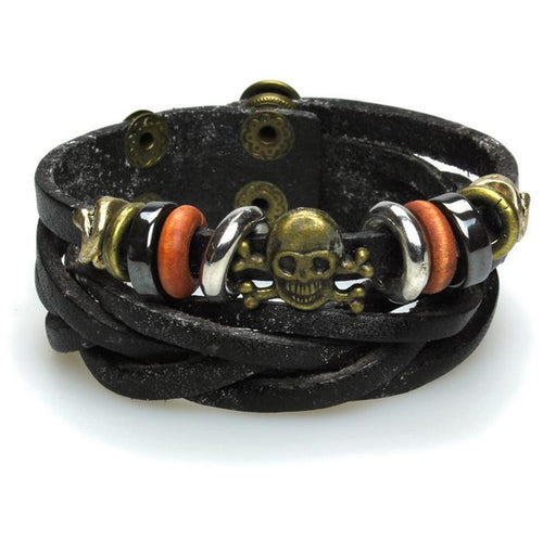 Surfer Lederarmband Totenkopf Ringe geflochten Brass schwarz verstellbar Leder breit nickelfrei - chic - net.de