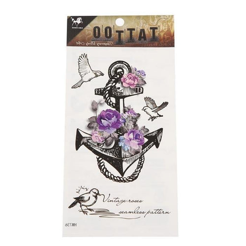 Tattoo Anker schwarz Seil Blumen rosa lila Vögel Spruch 4 Motive 1 Bogen - chic - net.de