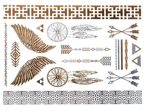 Tattoo golden silbern temporär Motivbogen Klebetattoos Engel Traumfänger Schmuck Tattoos - chic - net.de