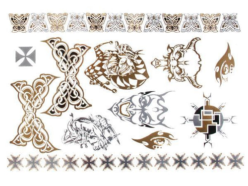 Tattoo golden silbern temporär Motivbogen Klebetattoos Skull Joker Schmuck Tattoos - chic - net.de