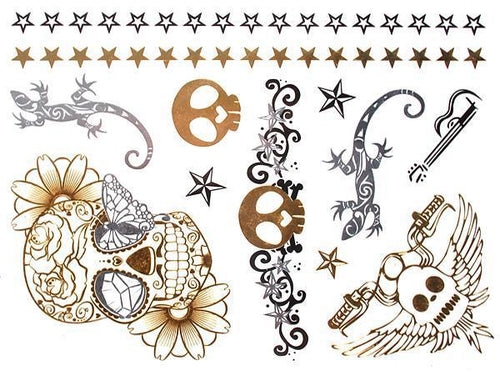 Tattoo golden silbern temporär Motivbogen Klebetattoos Skull Mexiko Gekko Schmuck Tattoos - chic - net.de