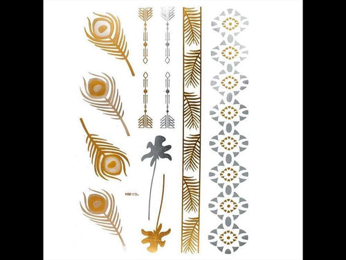 Tattoo Motivbogen golden silbern temporär Pfau Feder Muster Klebetattoos Schmuck Tattoos - chic - net.de