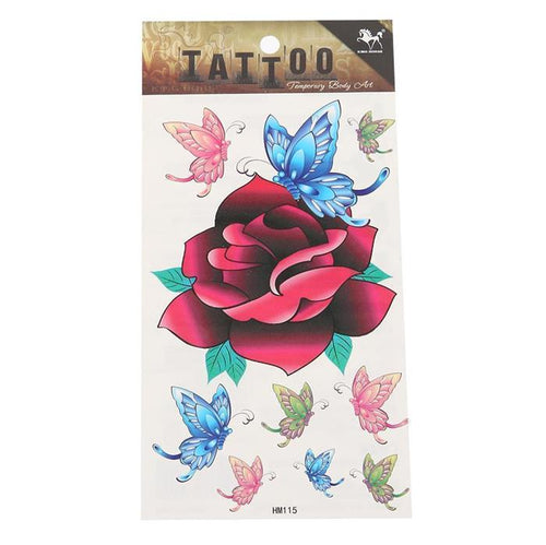 Tattoo Rose Blüte rot groß Schmetterlinge bunt rosa blau grün 9 Motive 1 Bogen - chic - net.de