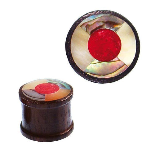 Holz Plug Inlay Kreis Koralle Perlmutt Paua Abalone Rand Tunnel Tribal Expander