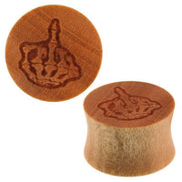 Load image into Gallery viewer, A pair of light brown, marbled Krokodilholz plugs with a flared design, featuring an engraved skeletal hand giving the middle finger. One Krokodilholz Plug hellbraun gemasert Skeletthand Mittelfinger is shown from the top, one from the side.
