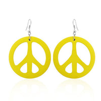 Cargar imagen en el visor de la galería, A pair of colorful, round Holzohrringe (50 mm) with cut-out Peace symbols and nickel-free stainless steel hooks, shown on a plain white background.
