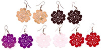 Load image into Gallery viewer, Ten pairs of Holzohrringe Blume Staubblätter in lila, natur, rot, braun, and weiß with nickelfrei Edelstahlbügel, arranged in two rows on white. The floral design brings a playful accent to any outfit.
