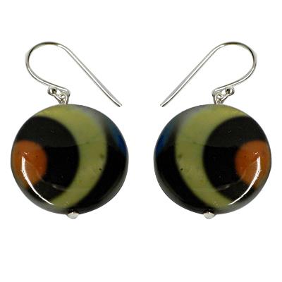 Mother-of-pearl shell earrings, round mother-of-pearl shell earrings with black, beige, and multicolored patterns and hooks made of 925 sterling silver