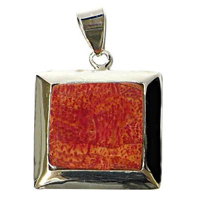 Coral pendant, silver pendant, coral pendant, 925 sterling silver, women's jewelry, square setting, 20 mm