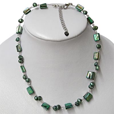 Kette Damen Halskette Perlen Perlmutt Muschel Stücke grün schillernd 42-48 cm Karabiner nickelfrei