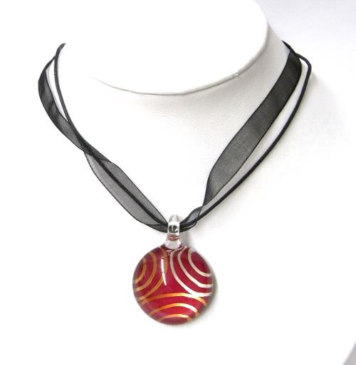 Glasanhänger mit Stoffkette, Rot mit Kreismuster, rund, 3cmØ