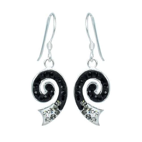 Glitter jewelry set with crystal cubic zirconia spirals, black pendant earrings, 925 sterling silver, women's jewelry