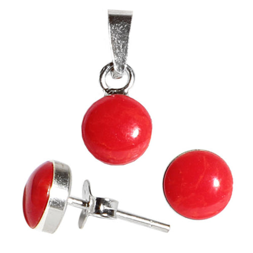 Schmuckset Kreis rot Koralle 925er Sterling Silber Anhänger Ohrstecker Ohrringe Damen Schmuck