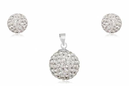 Glitzerschmuckset weiß Kristall Glitzerkugel Anhänger Ohrstecker Zirkonia 925er Silber Damen Schmuck