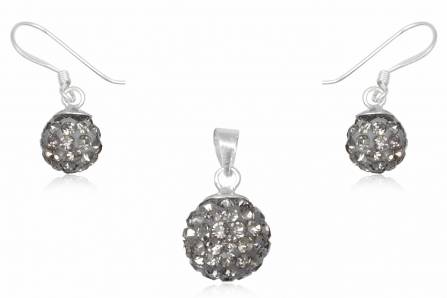 Glitzerschmuckset Black Diamond grau Kristall Glitzerkugel Anhänger Ohrringe Zirkonia 925 Silber