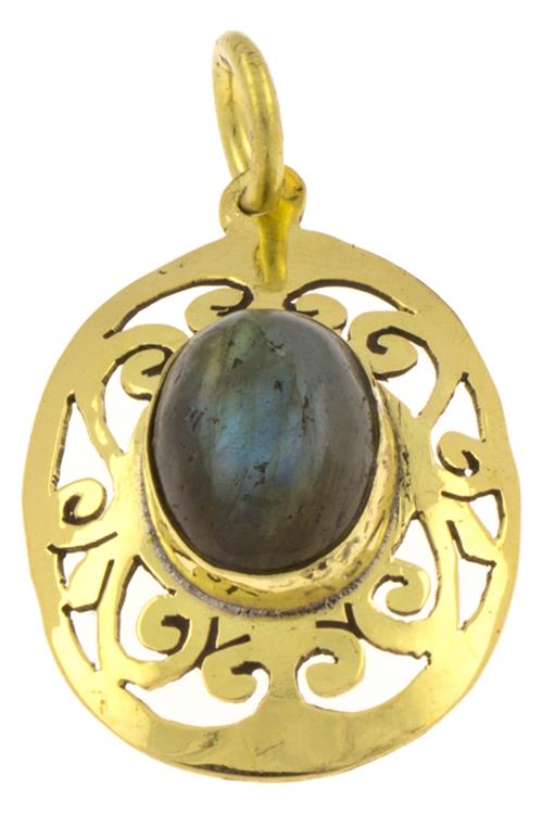 Messing Anhänger Labradorit oval Spiralen Rauten antik golden Kette Schmuck Tribal