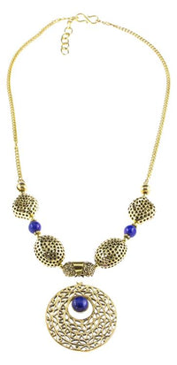 Load image into Gallery viewer, Brass Kette Halskette Kreis golden Lapis Stein blau verschnörkelt Anhänger Brassperlen
