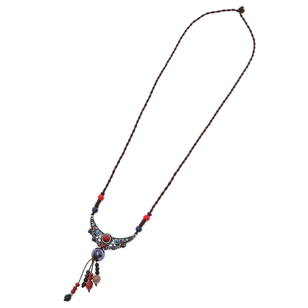 Kette 90 cm Brassanhänger Perlen Sichel blau rot 12 cm lila Kugel Kordel