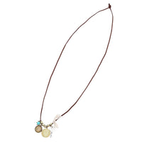 Load image into Gallery viewer, Lederband Kette braun goldfarben oxidiert Emaille schlüssel Uhrwerk Stoff Spitze
