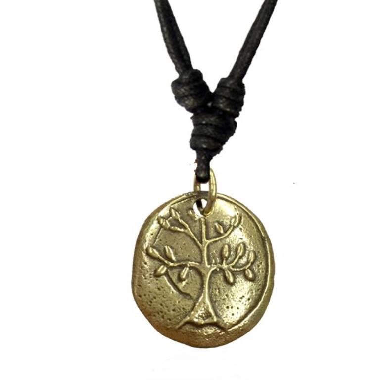 Baumwolle Kette schwarz Anhänger Baum des Lebens rund Brass antik golden