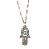 Load image into Gallery viewer, Messing Kette golden fein Khamsa Fatima Auge Anhänger Strasssteine weiß 41-46 cm
