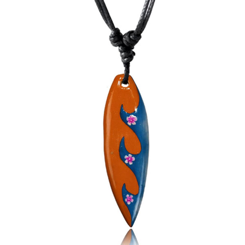 Surferkette orange blau Wellen Blumen Holzkette Sonoholz Unisex verstellbar